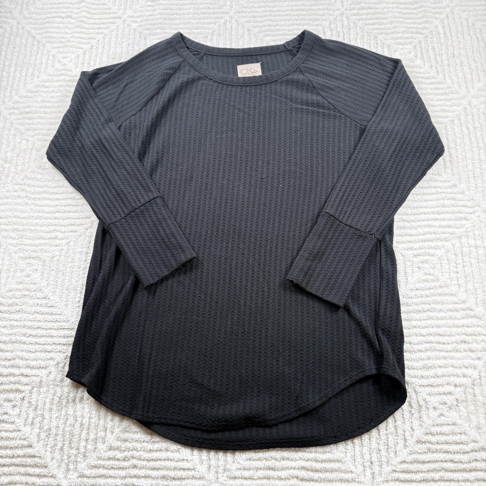 Chaser Sweater Womens XL Black Waffle Knit Thermal Top Quiet Luxury Old Money